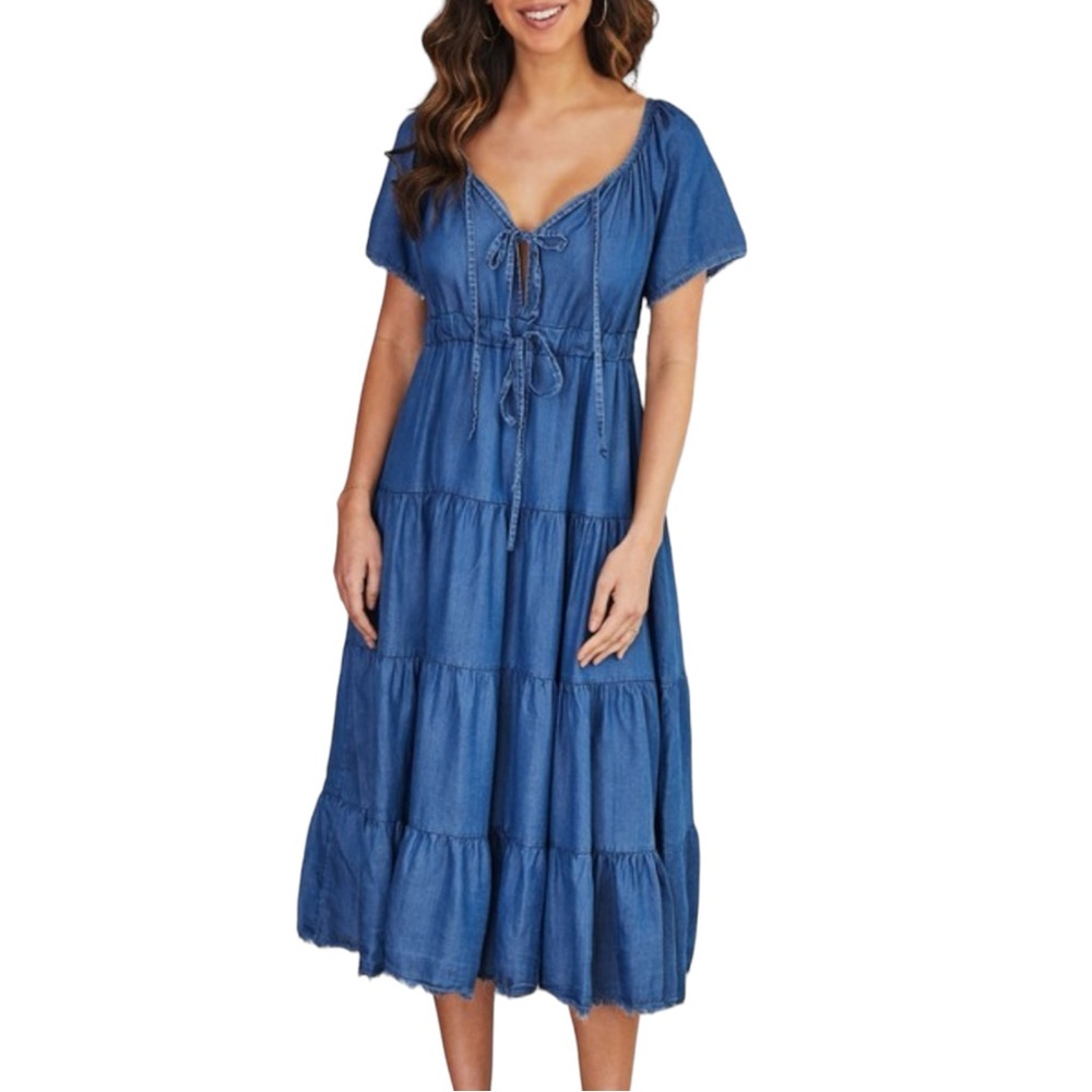 Chambray Blue Tiered Midi Dress with Tie Front